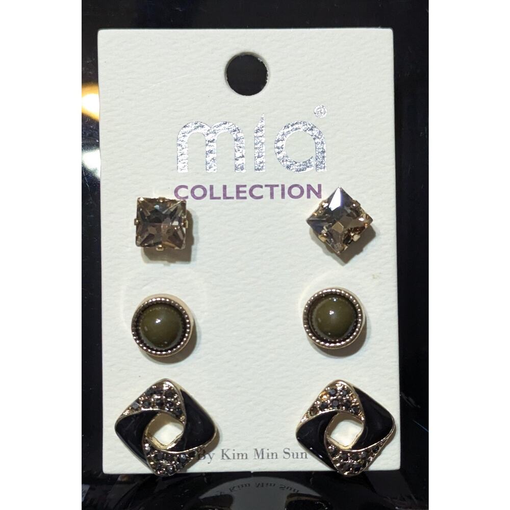 Mia Collection 3 Pair Stud Earrings Set Gold Tone Black Crystal Fashion Jewelry